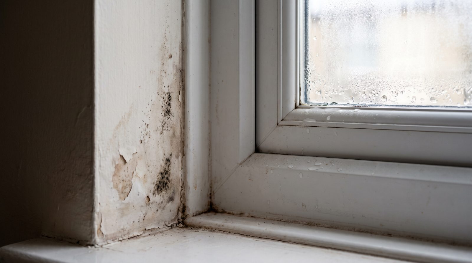 Condensation and early mould in the corner of a window in a rental property