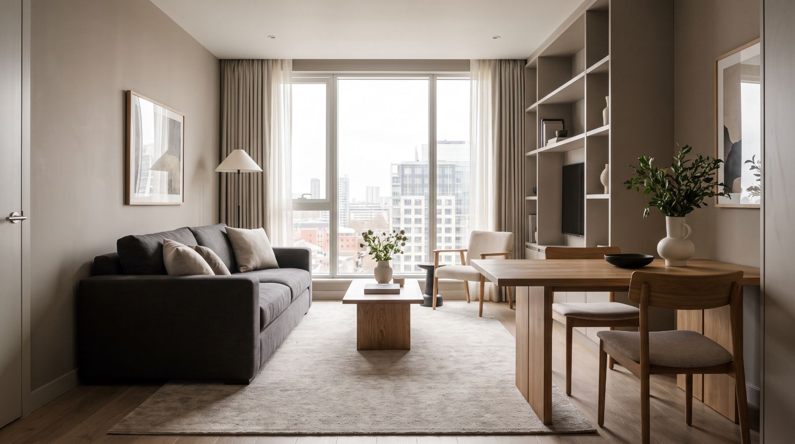 A serviced apartment interior suitable for a relocating corporate tenant