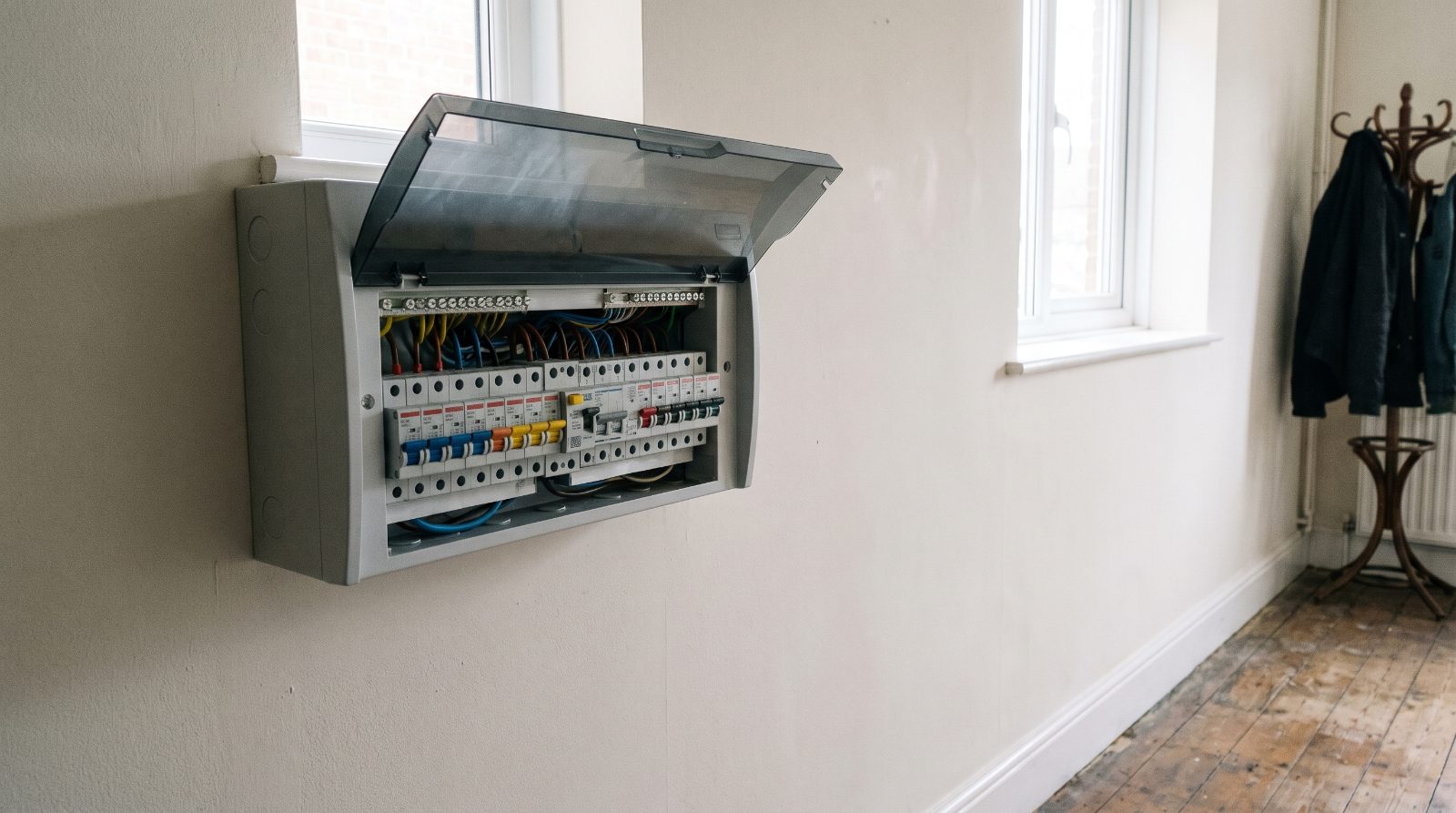 A domestic electrical consumer unit of the kind inspected during an EICR