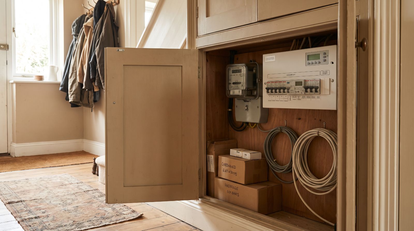 A domestic electricity meter cupboard in a rental property hallway