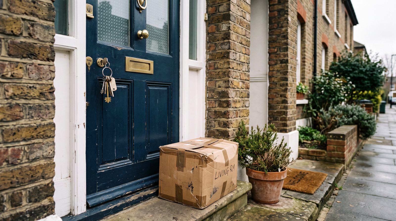 Keys in a front door with a moving box at the end of a tenancy