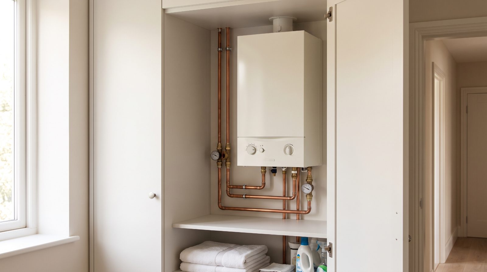 A domestic gas boiler in a utility cupboard, subject to the annual landlord gas safety check