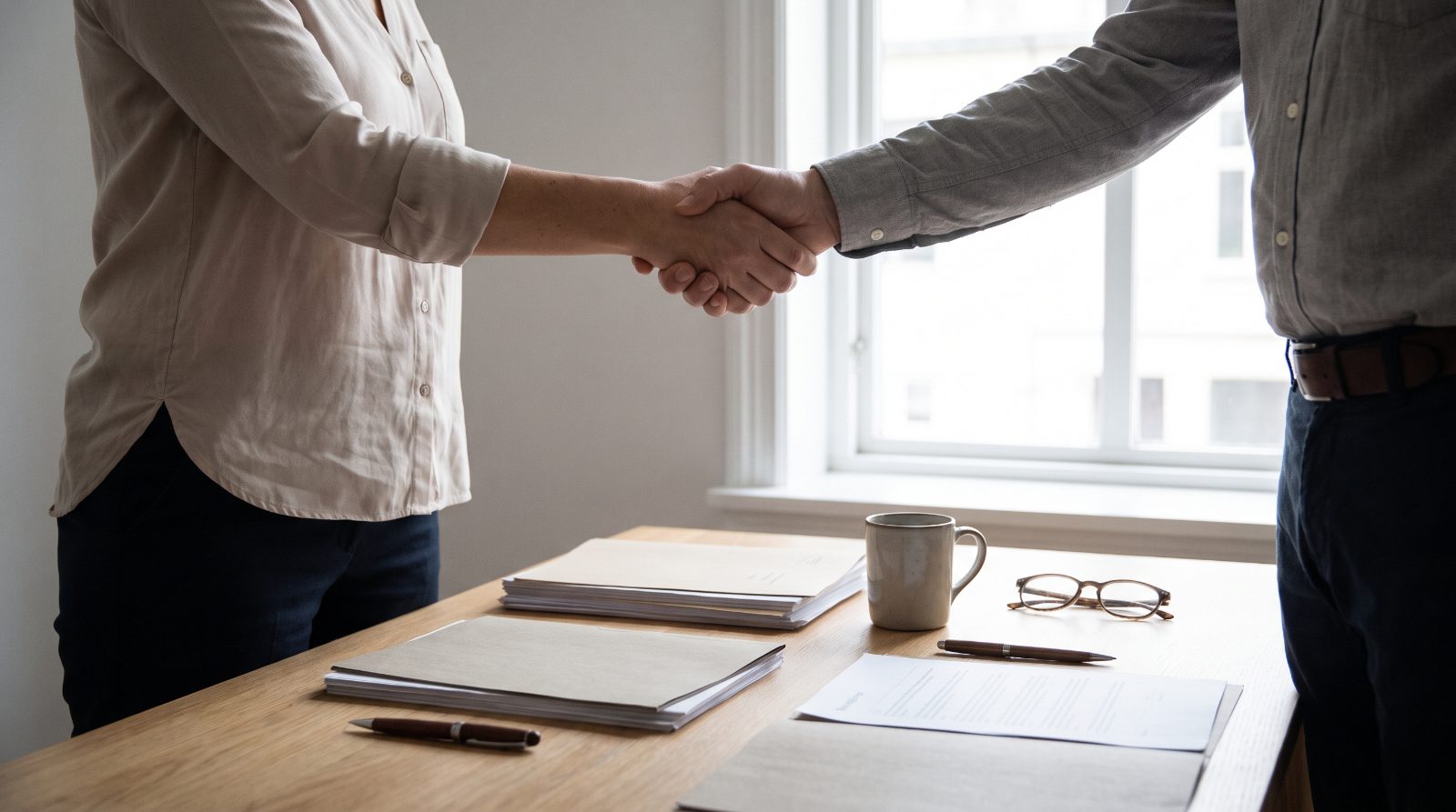 A landlord and letting agent shaking hands across a desk