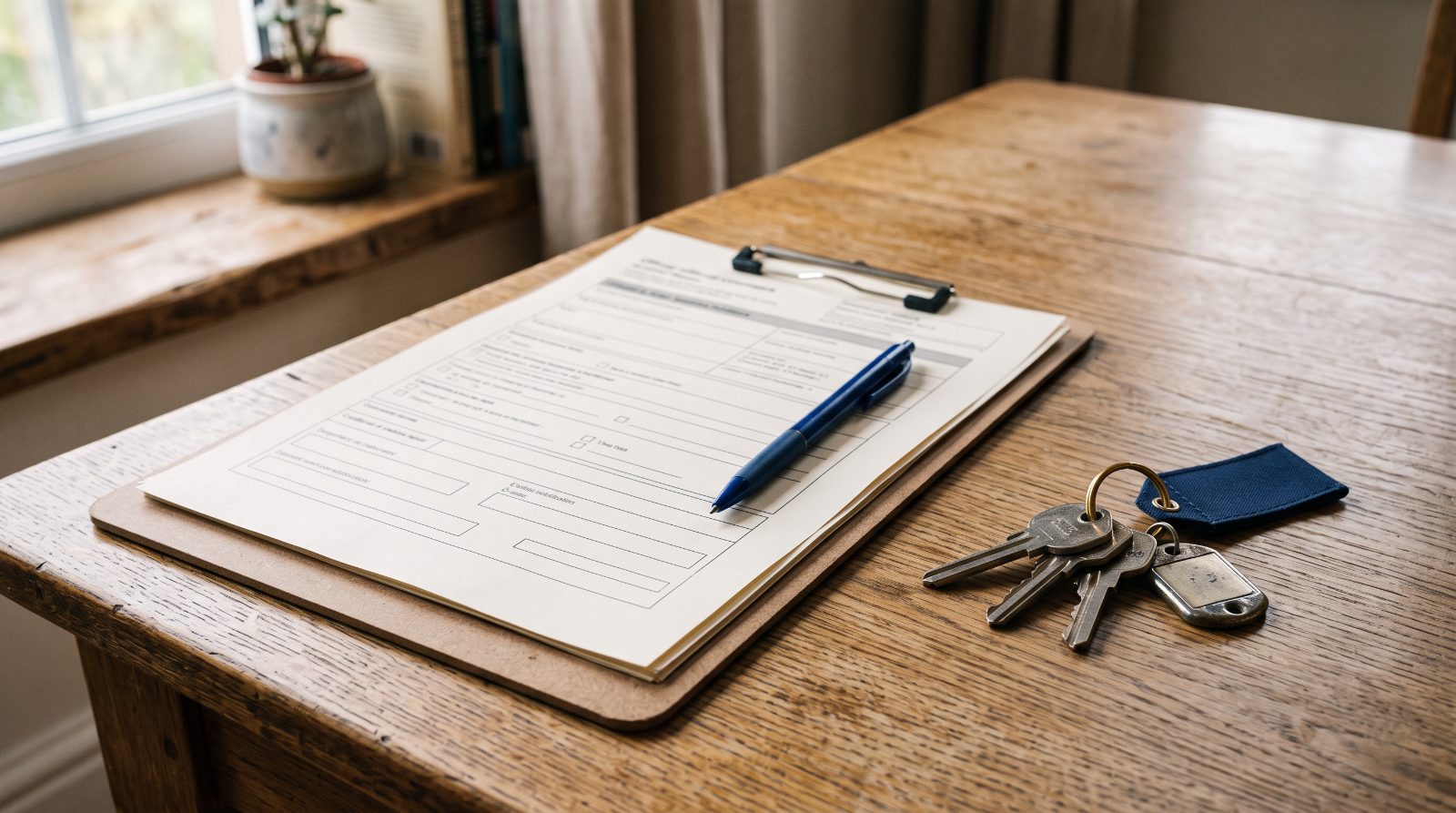 Tenancy paperwork and house keys on a table