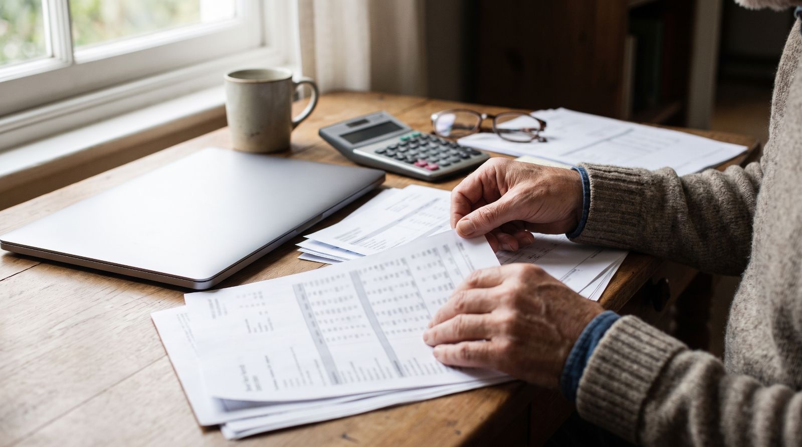 A landlord reviewing property accounts and paperwork at a desk