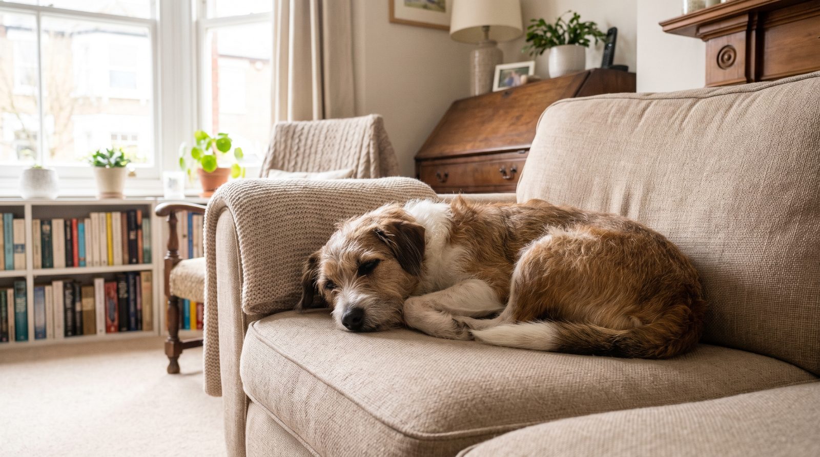 A dog resting on a sofa in a pet-friendly rental home