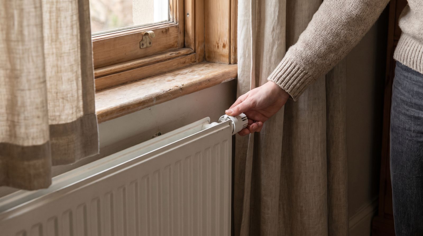 A radiator thermostatic valve being adjusted, relevant to EPC energy efficiency