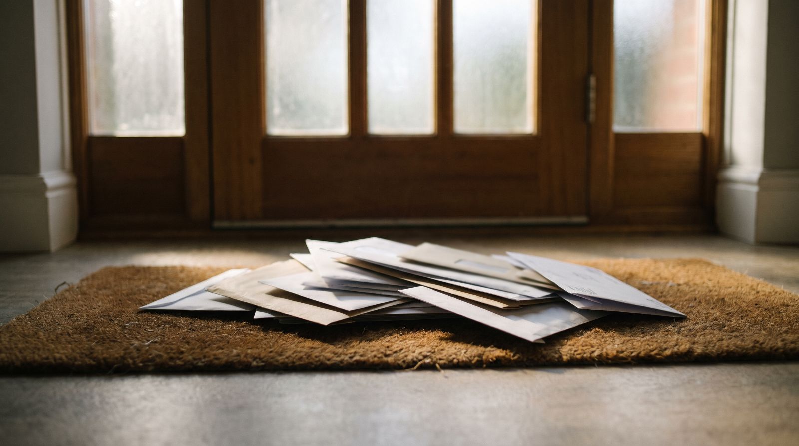 Unopened letters on the doormat of a rental property