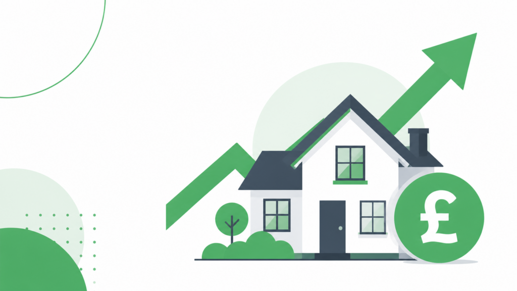 House with upward arrow and pound symbol representing rent increases